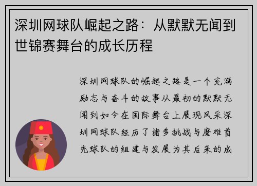 深圳网球队崛起之路：从默默无闻到世锦赛舞台的成长历程