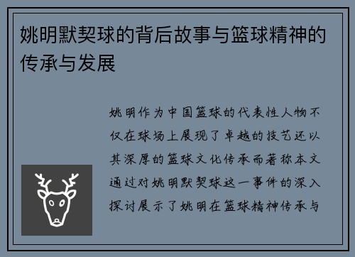 姚明默契球的背后故事与篮球精神的传承与发展